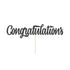 A glittery black cardstock cake topper that reads "Congratulations" in a cursive font, attached to a thin green stick for insertion into a cake.