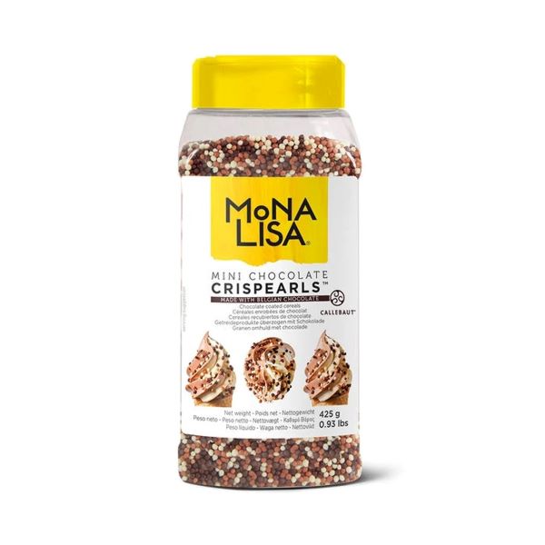 A transparent container with a yellow lid labeled "Mona Lisa Mini Chocolate Crispearls." The container is filled with colorful, small chocolate-coated balls, and the label features images of dessert swirls topped with the crispearls. The net weight of the product is 425 grams.