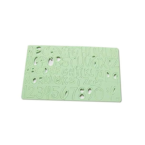 A light green acrylic stamp sheet featuring various uppercase and lowercase letters of the alphabet, numbers 0 through 9, and some special characters. The letters and numbers are cut out, allowing for stamping. The design includes multiple rows of letters and seems to be organized in an easy-to-use format.