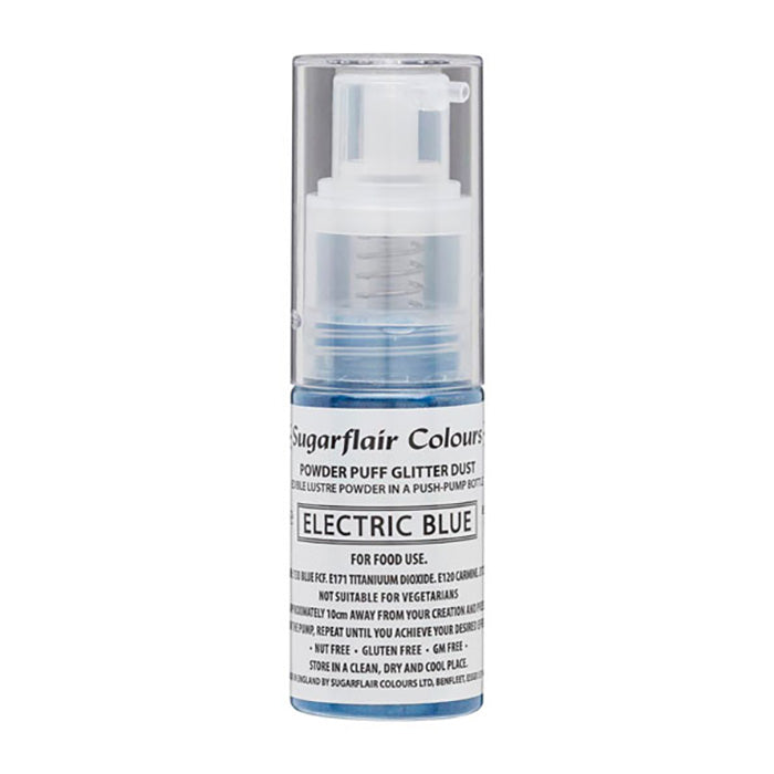 A cylindrical spray bottle containing Electric Blue edible glitter dust. The bottle has a clear outer casing and a pump nozzle at the top. The label features the text "Sugarflair Colours" and "POWDER PUFF GLITTER DUST" along with "ELECTRIC BLUE." Additional text includes usage instructions and ingredients, emphasizing that it is for food use, nut-free, gluten-free, and GM-free. The glitter dust is visible inside the bottle, which has a light blue hue.