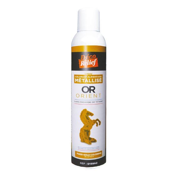 A can of Deco Relief metallic gold spray paint, 405ml. The can features a white background with a gold colored label. The label prominently displays the words "metallisé" and "OR" along with a stylized image of a horse in a gold finish. The product is identified as a food gold coloring with "sans dioxyde de titane" (without titanium dioxide) noted on it. The top of the can is capped with a white spray nozzle.