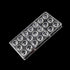 A clear plastic chocolate mold featuring a diamond shape design, consisting of 24 individual cavities arranged in four rows. The mold is placed on a black background.
