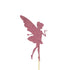 A fairy cake topper featuring a glittery pink silhouette of a fairy with outstretched wings. The fairy is posed elegantly, with one hand raised as if waving. The topper is attached to a wooden stick for easy placement on cakes or desserts. The overall design is whimsical and suitable for a variety of celebrations, particularly children?s parties.