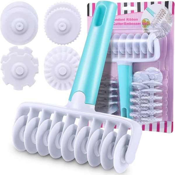 A fondant ribbon cutter set consisting of a roller tool with multiple cutting wheels, featuring a light blue handle. It includes several interchangeable wheel attachments for creating decorative patterns in fondant. The set is packaged with a pink and white striped background.