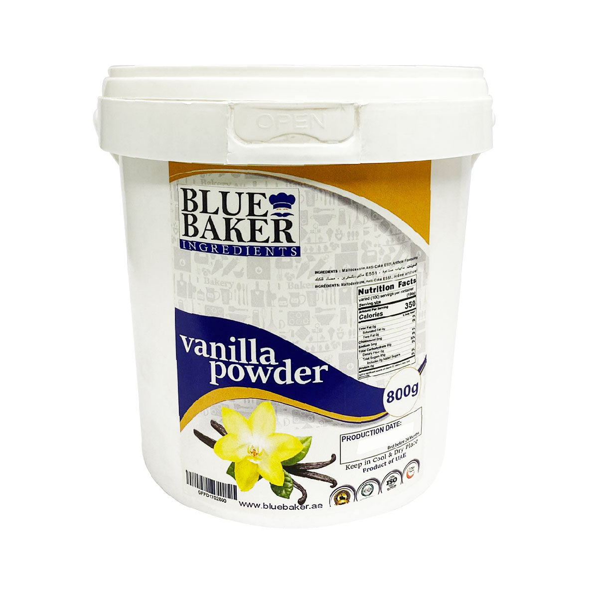 A white plastic container labeled "Blue Baker Ingredients" featuring "vanilla powder" prominently displayed. The container holds 800g of the product and includes a yellow flower illustration. Nutritional facts and a production date are also visible on the label.