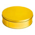 A round cake tin with a shiny gold finish. It features a smooth, flat top and slightly curved sides. The tin has a small, rectangular cutout on one side, indicative of a latch or handle for opening. The overall design is sleek and modern, appropriate for baking or decorating cakes.