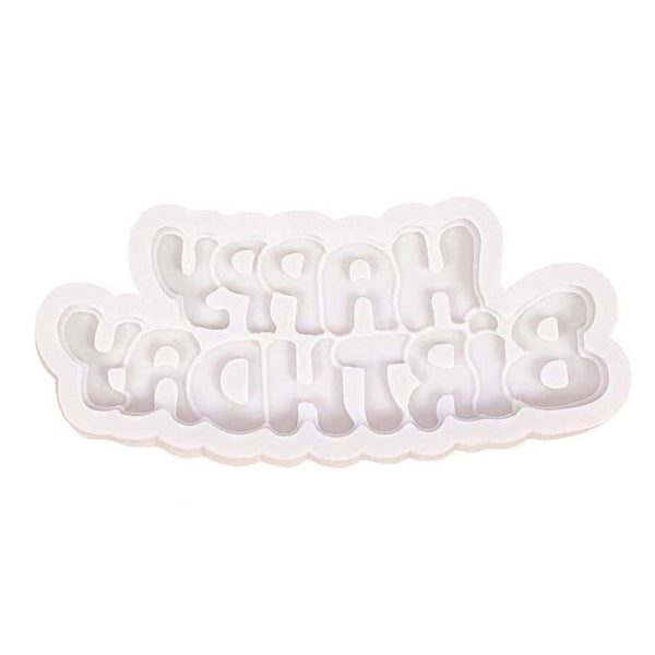 This image displays a white silicone mold shaped like the words "HAPPY BIRTHDAY." The letters have a fun, rounded style and vary in size, arranged in two lines. The mold has an open design, allowing it to create raised letters when filled with a suitable material.