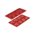Two red silicone chocolate molds are displayed, each featuring eight cavities in a half-sphere shape. One mold is positioned above the other, with the top mold having rounded projections and the bottom mold having corresponding depressions. The molds are designed for creating half-sphere chocolate treats.