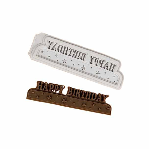 The image shows two silicone molds designed for baking or crafting. The top mold is white and features the embossed text "HAPPY BIRTHDAY" with star accents. The bottom mold is brown and also displays the text "HAPPY BIRTHDAY" in a bold font, surrounded by stars. Both molds are arranged one above the other, showcasing their shapes and designs clearly.