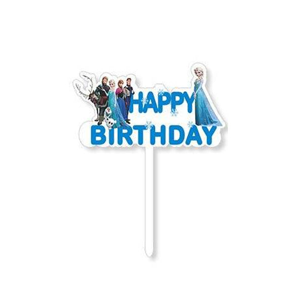 A cake topper featuring the phrase "HAPPY BIRTHDAY" in bold blue letters. The topper includes animated characters from the Frozen theme, positioned next to the text. It has a white stick for insertion into a cake.
