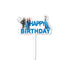 A cake topper featuring the phrase "HAPPY BIRTHDAY" in bold blue letters. The topper includes animated characters from the Frozen theme, positioned next to the text. It has a white stick for insertion into a cake.