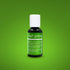 Image of a bottle of Chefmaster Liqua-Gel Color in "Leaf Green." The bottle is black with a white cap and features a bright green label displaying the product name, "leaf green," and ingredient information. The background is a solid green color, enhancing the visibility of the product. The bottle contains 0.7 oz (20 ml) of the coloring.