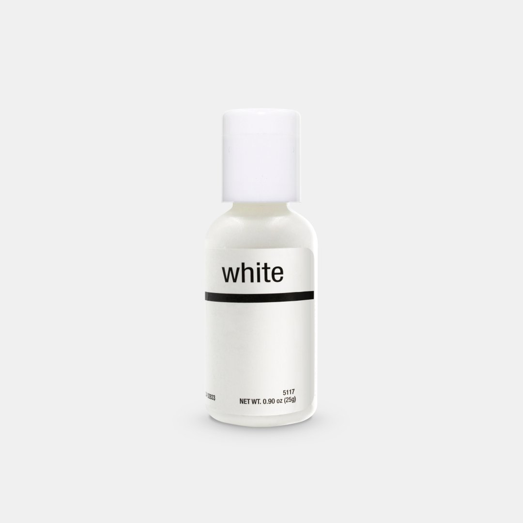 A white bottle of Chefmaster Liqua Gel Color, labeled "white," with a simple black stripe design. The bottle contains 0.7 oz (20 ml) of gel color. The background is a light gray.