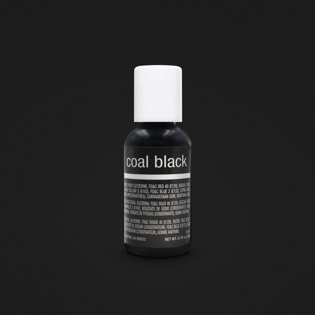 The image shows a small bottle of Chefmaster Liqua-Gel Color in "Coal Black." The bottle has a dark design with a white cap, and the label prominently displays the words "coal black." The back of the bottle contains a list of ingredients and nutritional information. The bottle has a capacity of 0.7 oz (20 ml). It is set against a plain black background.