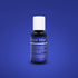 A bottle of Chefmaster Liqua Gel Color in royal blue, 0.7 oz (20 ml), is displayed against a deep blue background. The bottle features a white screw-on cap and has a label with blue text indicating its name and ingredients. The label includes details like "glycerin," "sugar," and "carrageenan gum." The product is commonly used for baking and food coloring.