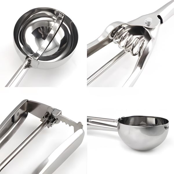 A stainless steel ice cream scoop with detailed close-ups of its spring-action mechanism, polished bowl, and sturdy construction, highlighting its durable and ergonomic design.