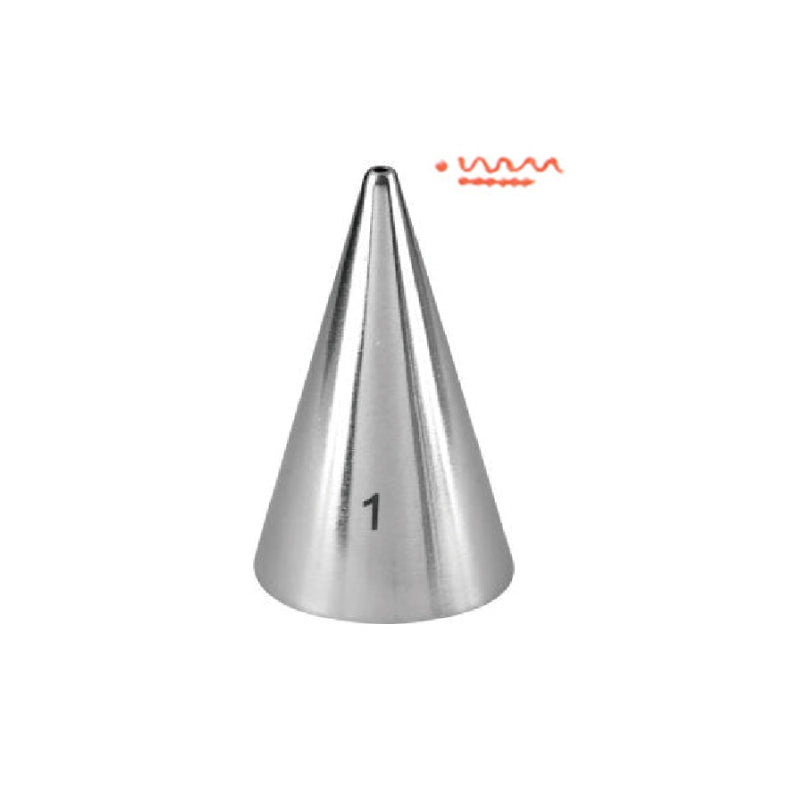 A metallic piping nozzle with a conical shape, labeled with the number "1" on its side, indicating a 1mm opening. Above the nozzle, there is a decorative line in a wavy orange color.