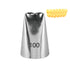 A metallic piping nozzle with a pointed tip, labeled "100" on one side. Next to it is a squiggle of yellow frosting, demonstrating the nozzle&
