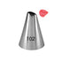 A metal piping nozzle with a conical shape labeled "102." It has a narrow opening at the top and a wide base. Next to it, there is a small dollop of pink frosting.