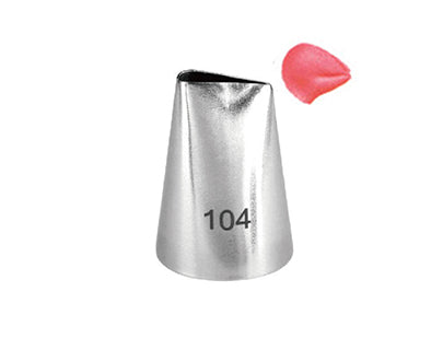 Image of a metal piping nozzle labeled "104" with a conical shape. Next to it, there is a small dollop of pink frosting, illustrating the type of decoration that can be created with the nozzle.