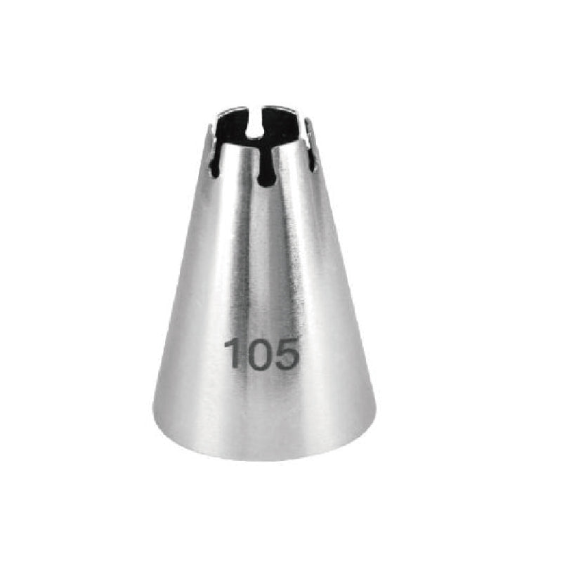 An image of a metal piping nozzle with a cone shape, labeled "105" on its side. The nozzle has a round opening at the top with a design featuring small cutouts for creating decorative icing patterns. The surface is shiny and smooth, indicating it is made of stainless steel.