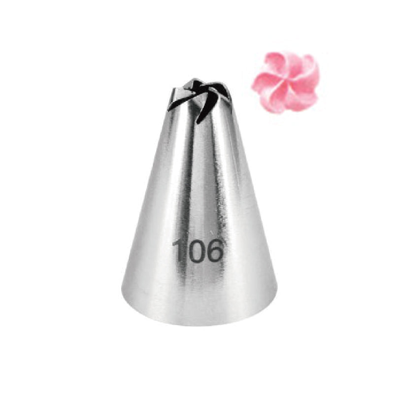 A silver piping nozzle with the number "106" printed on its side. The nozzle is shaped like a cone and features a star-shaped opening at the top. A pink frosting decoration in the shape of a flower is shown next to the nozzle.