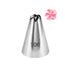 A silver piping nozzle with the number "106" printed on its side. The nozzle is shaped like a cone and features a star-shaped opening at the top. A pink frosting decoration in the shape of a flower is shown next to the nozzle.