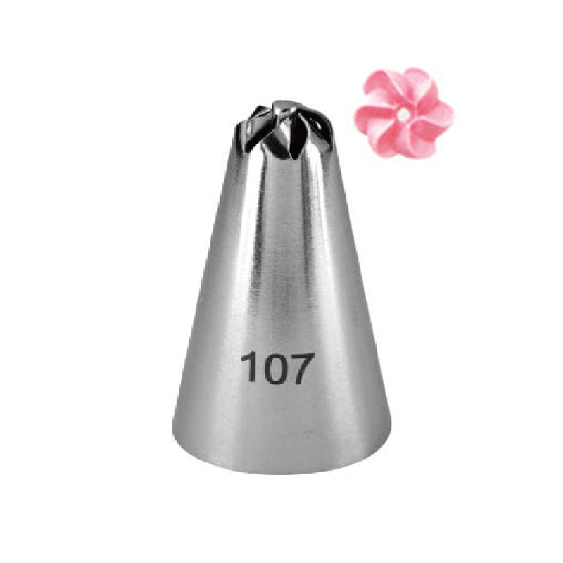 A metal piping nozzle labeled "107" with a pointed tip and multiple small openings at the top, alongside a small pink decorative flower made of piping.
