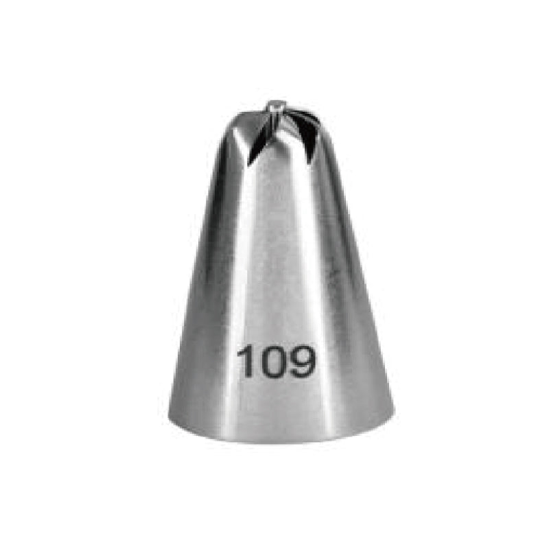 "A stainless steel piping nozzle with a conical shape, featuring a small opening at the top and the number &