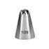 "A stainless steel piping nozzle with a conical shape, featuring a small opening at the top and the number &