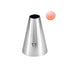 A stainless steel piping nozzle with a conical shape, labeled with the number "11" on its side. Next to it, there is a small, round, pink decoration, possibly representing a cake decoration or tip for use with the nozzle.