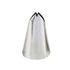 An image of a stainless steel piping nozzle, shaped like a cone with a pointed tip and two small openings at the top, commonly used for decorating cakes and pastries. The nozzle has a smooth, shiny surface reflecting light, emphasizing its metallic finish.