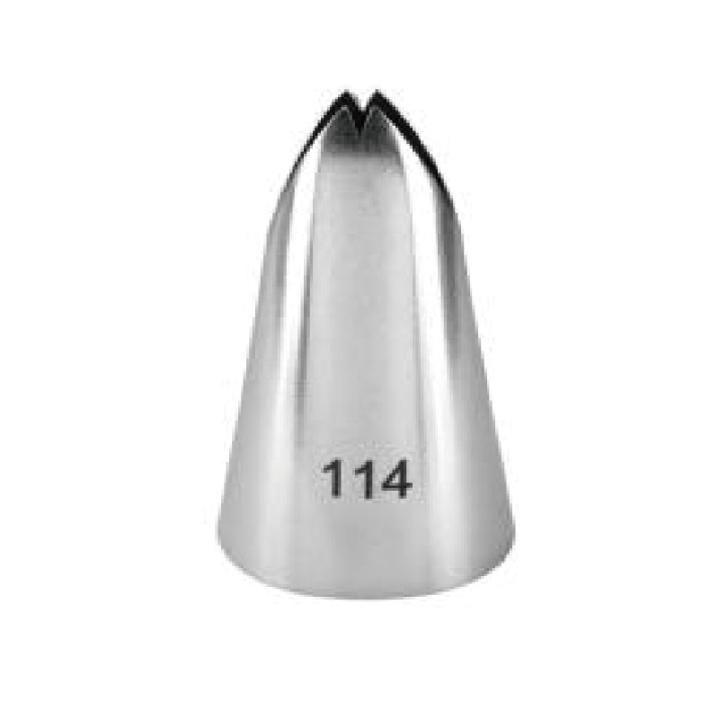 A metallic piping nozzle with a rounded, conical shape and a pointed tip. The nozzle has a small opening at the top, and is marked with the number "114" on one side. The surface is shiny and reflective.