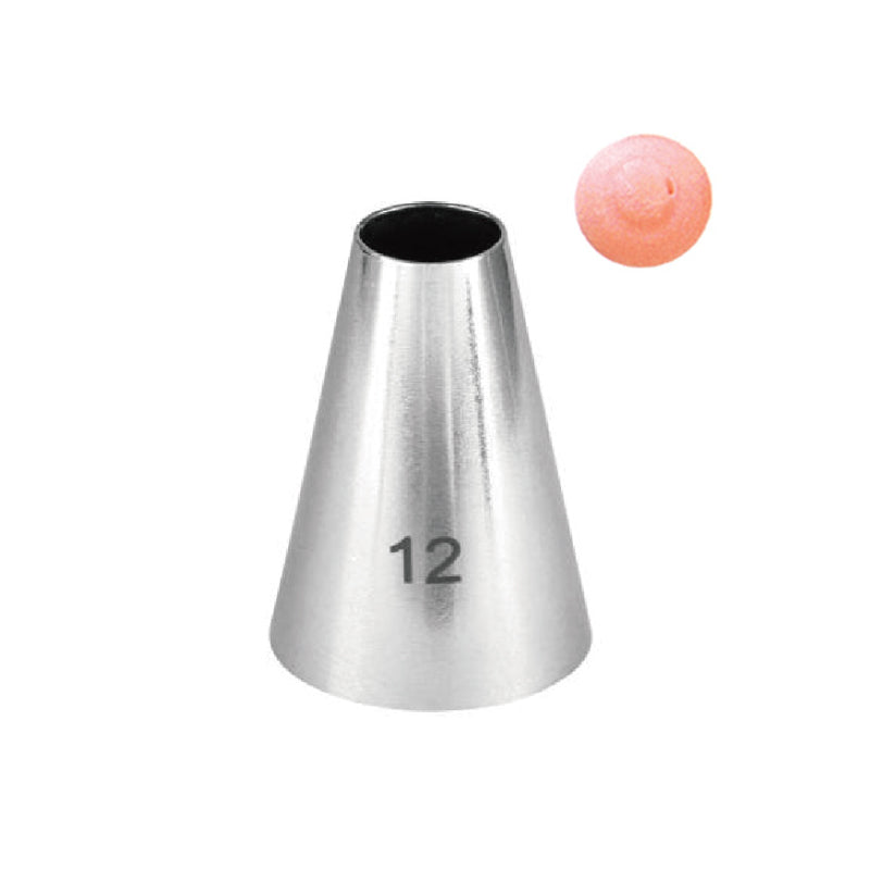 A stainless steel piping nozzle with a conical shape, labeled with the number "12" on its side. Next to it, there is a small, round, pink icing tip. The background is plain white.