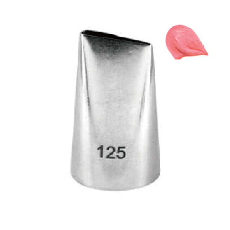 A stainless steel piping nozzle labeled "125" stands upright. Next to it is a small dollop of light pink frosting or cream. The nozzle has a tapered design for decorating baked goods.