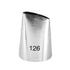 A metallic piping nozzle with a slightly angled opening, featuring the number "126" printed on its side. The nozzle has a shiny surface and a conical shape, tapering down to a broader base.