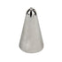 A stainless steel piping nozzle with a conical shape, featuring a pointed tip and a star-shaped opening at the top. The nozzle has a smooth surface and a metallic finish. It is designed for decorating cakes and pastries.