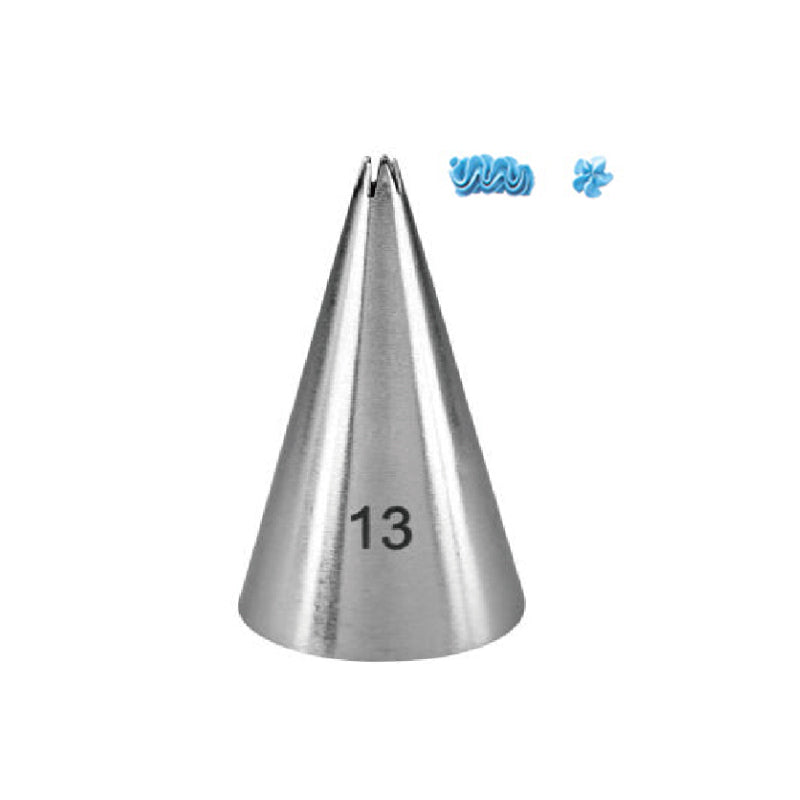 A stainless steel piping nozzle shaped like a cone, labeled with the number "13" on its side. Next to the nozzle are two designs made from blue icing, one resembling wavy lines and the other in the shape of a flower.