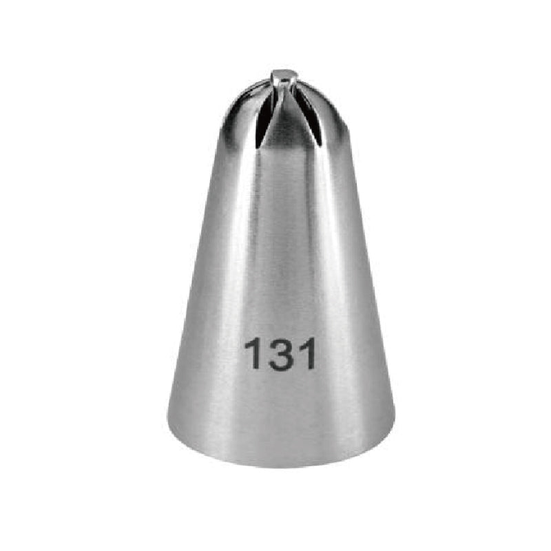 A stainless steel piping nozzle with a conical shape, featuring a small opening at the top and the number "131" printed on its side.