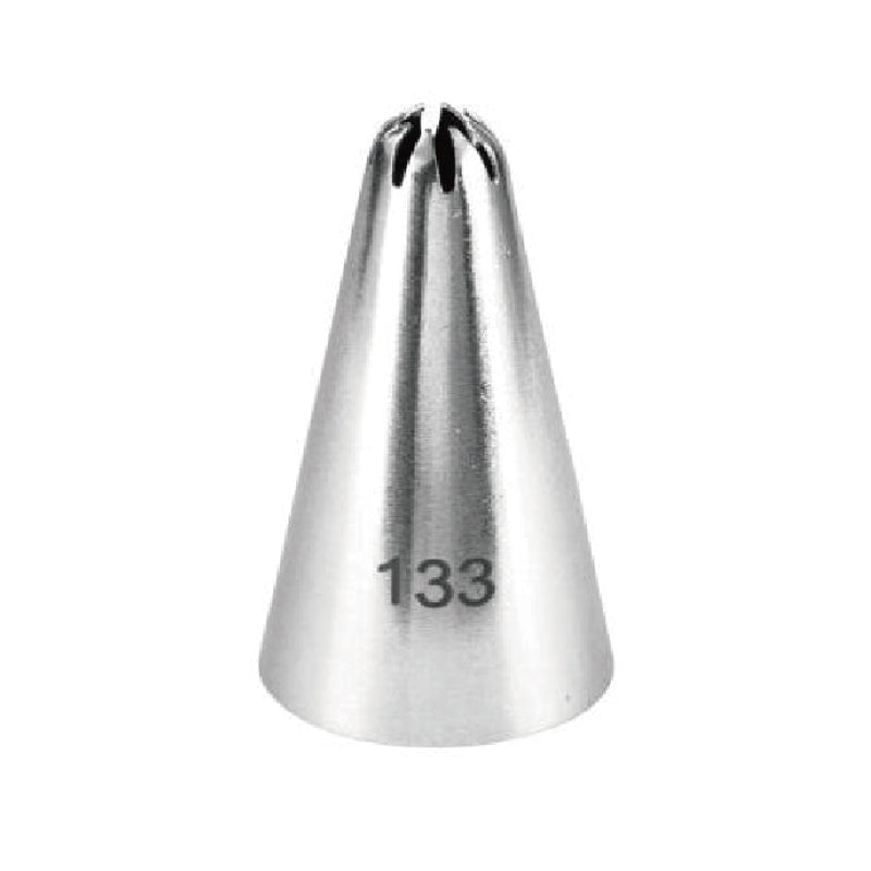 A metallic piping nozzle with a conical shape, featuring a fluted top and the number "133" printed on the side.