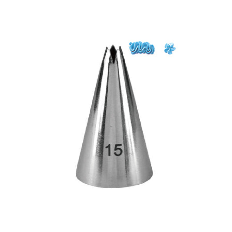 An image of a stainless steel piping nozzle, labeled "15" on its side. The nozzle has a conical shape with a pointed tip and two small openings at the top for piping decorations. Next to the nozzle, there are two small decorative shapes in light blue?one resembling wavy frosting and the other a star-like design. The background is plain, emphasizing the nozzle and decorative elements.