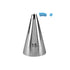 An image of a stainless steel piping nozzle, labeled "15" on its side. The nozzle has a conical shape with a pointed tip and two small openings at the top for piping decorations. Next to the nozzle, there are two small decorative shapes in light blue?one resembling wavy frosting and the other a star-like design. The background is plain, emphasizing the nozzle and decorative elements.