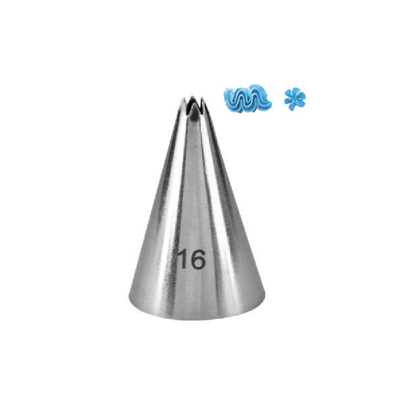 A stainless steel piping nozzle labeled "16" with a conical shape. Next to the nozzle, there are two examples of piping designs made with blue frosting: one resembling a wavy line and the other a small flower.