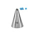 A stainless steel piping nozzle labeled "16" with a conical shape. Next to the nozzle, there are two examples of piping designs made with blue frosting: one resembling a wavy line and the other a small flower.