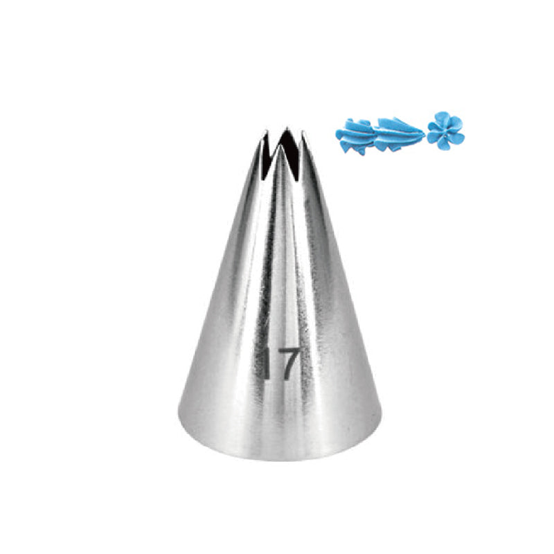 The image features a metallic piping nozzle identified as "17." The nozzle has a cone shape with a wide opening at the top and two notches cut into the edge. Next to the nozzle, there are small, blue icing decorations shaped like leaves and flowers, illustrating the potential designs that can be created with this nozzle. The background is plain and white, emphasizing the nozzle and the decorations.
