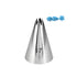 The image features a metallic piping nozzle identified as "17." The nozzle has a cone shape with a wide opening at the top and two notches cut into the edge. Next to the nozzle, there are small, blue icing decorations shaped like leaves and flowers, illustrating the potential designs that can be created with this nozzle. The background is plain and white, emphasizing the nozzle and the decorations.