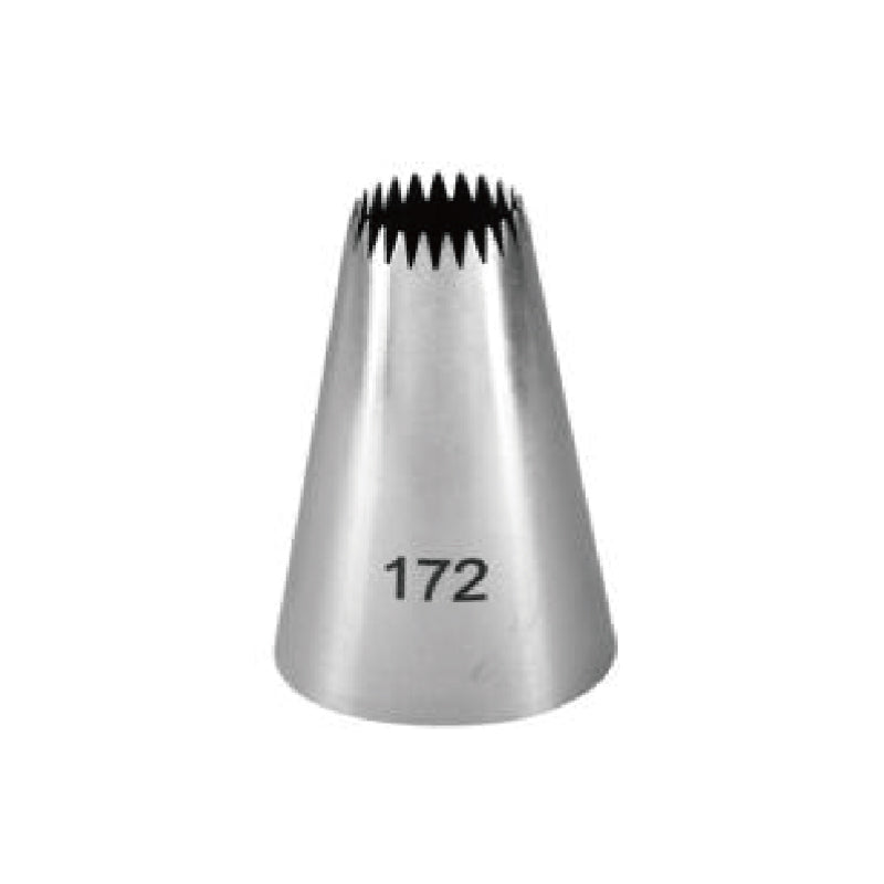A metal piping nozzle with a conical shape and a serrated edge at the top. The nozzle has the number "172" printed on the side.