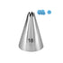 An image of a metal piping nozzle, labeled "18," which features a pointed, cone-like shape with a slightly flared opening at the top. Next to the nozzle are two small decorative swirls made of light blue frosting, showcasing the types of designs that can be created with this nozzle. The background is plain to emphasize the nozzle and frosting details.