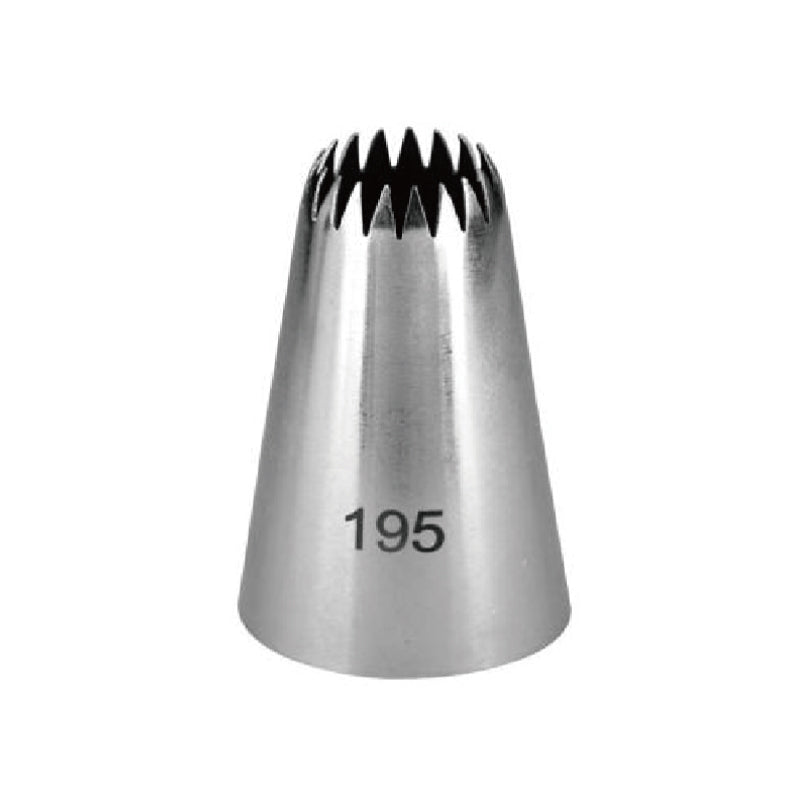 A stainless steel piping nozzle with a cone shape, featuring a serrated top and marked with the number "195" on the side. The nozzle is designed for cake decoration and piping purposes.