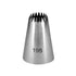 A stainless steel piping nozzle with a cone shape, featuring a serrated top and marked with the number "195" on the side. The nozzle is designed for cake decoration and piping purposes.